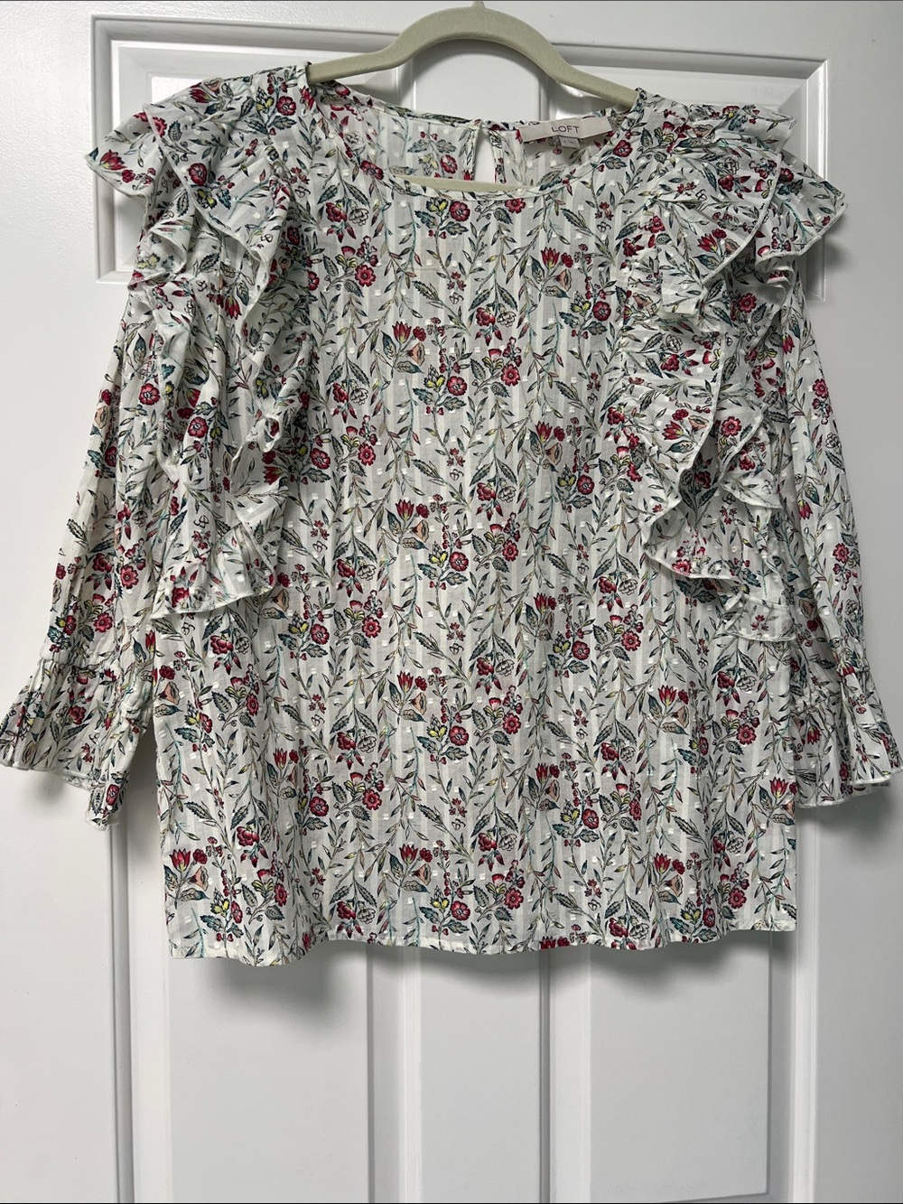 LOFT Floral Ruffle Blouse in Ivory with Red and Green Print